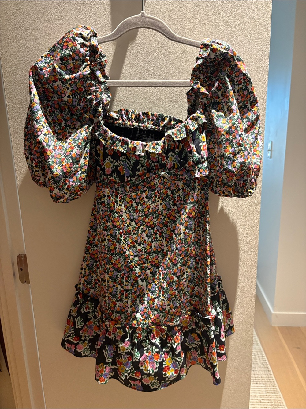 For Love & Lemons Black Multi-Color Floral Puff-Sleeve Dress
